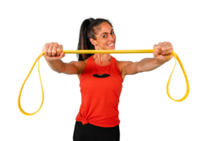 Determined  woman trains with elastic for gym png