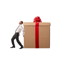 Tired  businessman pushes heavy great christmas gift png