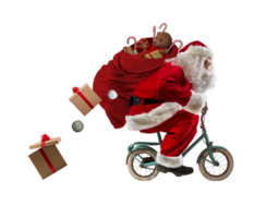 Santaclaus rides bike to deliver fast christmas gifts png