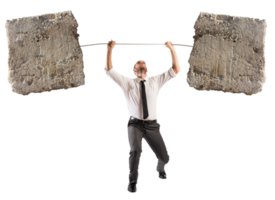 Powerful and determined  businessman trains with a barbell with stones png