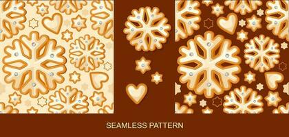 gingerbread pattern, two color options, with the image of snowflakes and hearts, for new year, christmas. Icon. Packaging, wallpaper vector