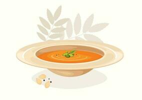 Pumpkin soup, with autumn leaves, vector illustration on a white background