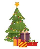 Christmas, New Year, Decorated Christmas tree, Santa Claus decorates the Christmas tree with a bunch of gifts. The holiday is coming. vector