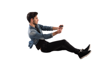 Young  man with game controller plays with a video game png