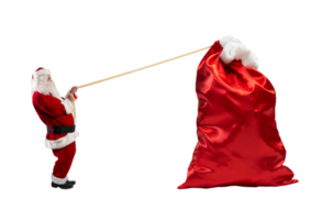 Santa claus zieht ein Seil zu Bewegung ein groß Sack voll von Geschenke png