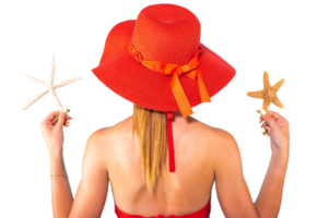 woman in swimsuit and starfish in hand enjoys the summer png