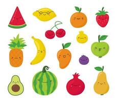 Set of cute fruit characters in kawaii style isolated on white background. Vector illustration of cartoon smiling fruit faces.