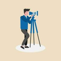 un fotógrafo o camarógrafo capturar contenido con cámara y trípode.camarógrafo en pie con profesional cámara.a fotoperiodista tomar contenido en aislado fondo.vector ilustración. vector