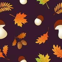 Autumn seamless pattern with maple leaves,acorns,oak leaves,rowan leaves,ceps. vector
