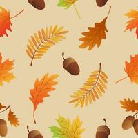 Autumn seamless pattern with maple leaves, acorns, oak leaves, rowan leaves. vector