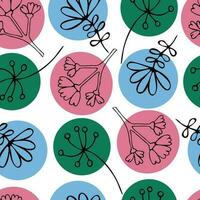vector pattern with colored circles and contour plants on a white background.