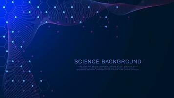 Abstract hexagonal shapes with particle background. Molecule structure, genetic and chemical compound system. Science and technology concept design. Vector illustration.