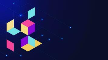 Creative idea with colorful geometric and glowing particles on dark blue background. Vector illustration.