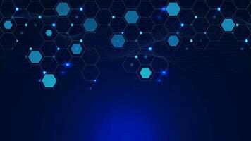 Modern scientific with hexagon shapes and glowing particles. Molecular structure, big data visualization, digital network connection, science and technology background. Vector illustration.