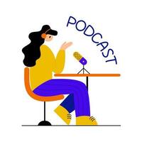 A girl with headphones is recording an audio broadcast. Radio host talks into microphones while sitting at a table. Media hosting doodle drawing. Podcast concept. Vector illustration in flat style