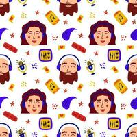 Podcast seamless pattern. Doodle print with faces of man and woman in headphones, microphone, phone, button on air, audio interface. Great for podcasts, radio interviews. Vector illustration