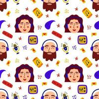 Podcast seamless pattern. Doodle print with faces of man and woman in headphones, microphone, phone, button on air, audio interface. Great for podcasts, radio interviews. Vector illustration