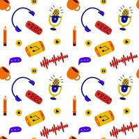 Podcast seamless pattern. Doodle print with headphones, microphone, phone, pencil, cup, record button, play, stop, pause. Great for podcasts, radio interviews or online learning. Vector illustration