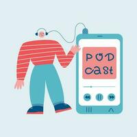 A man with headphones listens to a podcast in a mobile app. Webinar, online training, training podcast, radio show concept. Media hosting doodle drawing. Vector illustration in flat style