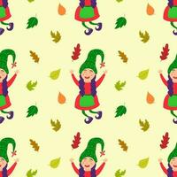 Seamless pattern with fairytale gnome girl and autumn leaves. Cheerful cute elf with hair braids. Scandinavian repeated background for wrapping paper, fabric, textiles. Vector flat illustration