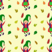 Seamless pattern with fairytale gnome girl and autumn leaves. Cheerful cute elf with hair braids. Scandinavian repeated background for wrapping paper, fabric, textiles. Vector flat illustration