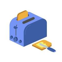 Blue toaster with ready-made toast in isometric style. There's butter on one piece of bread. Delicious breakfast concept. Vector illustration isolated on white background.