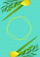 Sukkot greeting card template with blank space for congratulation text and geometrical polyhedron. Feast of Tabernacles or Festival of Ingathering. Traditional symbols is etrog, lulav, hadas, arava vector
