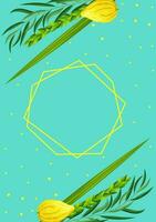 Sukkot greeting card template with blank space for congratulation text and geometrical polyhedron. Feast of Tabernacles or Festival of Ingathering. Traditional symbols is etrog, lulav, hadas, arava vector