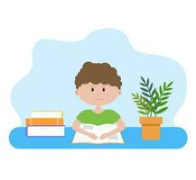 Little Boy in a T-shirt, Schoolboy, Sitting at the Table. Reading a Book, Studying. vector