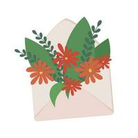 Open Envelope with Flowers and a Few Green Leaves. Vector Object.