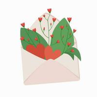 Open Envelope with Flowers, Two Hearts and a Few Green Leaves. vector