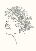 Line art woman drawing with peony wreath - beautiful female portrait. vector