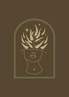 Aesthetic illustration of a woman head with growing plants. Minimalist feminine concept vector