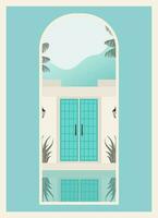 Window view with resort landscape, luxury villa minimalist architecture poster. vector