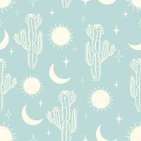 Seamless pattern vector summer cactus on desert with heavenly elements.