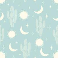 Seamless pattern vector summer cactus on desert with heavenly elements