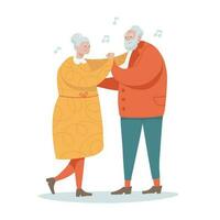 Smiling elderly couple dancing together. Isolated old characters for Advertisement of club dances. Isolated on white background. Hand drawn vector flat illustration