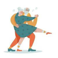 antiguo mayor Pareja personas bailando tango juntos. plano dibujos animados mayor hombre y mujer bailando retro bailar. ocio de abuela y abuelo en pensión concepto. vector mano dibujado ilustración.