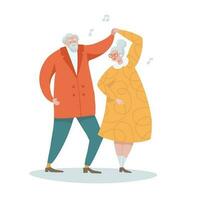 Cheerful retirees character senior man and woman dancing. Elder couple dance. Cartoon flat Vector hand drawn illustration.