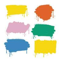 Colorful Stencil urban graffiti spray set isolated on white background. Vector sprayed paint shapes with smudges and drops. Grafitti template with splashes with flowing lines of paint.