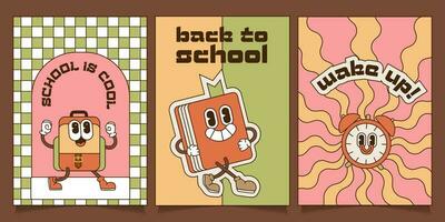 conjunto de espalda a colegio a4 pancartas en maravilloso Clásico estilo. colección de carteles con mochila, libro y alarma reloj dibujos animados caracteres. contorno plano vector ilustración.