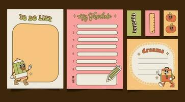 To do list, schedule etc templates set. Groovy daily planner, vintage note paper decorated with retro 70s groovy cartoon characters. Vintage scheduler or organizer. Vector flat linear illustration.