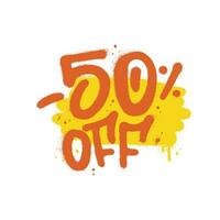 Sprayed -50 percent off urban graffiti with overspray over abstract color shape. Vector textured illustration.