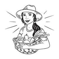 granjero niña con un cesta de vegetales y frutas en su manos.vector ilustracion.agricultura industria vector