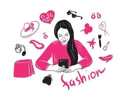 Smiling young woman buys things in an online store using a mobile phone.Set of female items.Financial technology concept.Vector illustration. vector