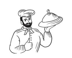 Smiling chef cook with beard holding dish and showing thumbs up. Vector illustration.