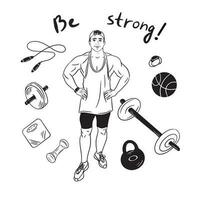 muscular fuerte chico soportes en el gimnasio rodeado por Deportes items.vector ilustración. vector