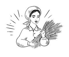 A beautiful girl farmer holds ears of wheat in her hands.Agriculture concept.Vector illustration. vector