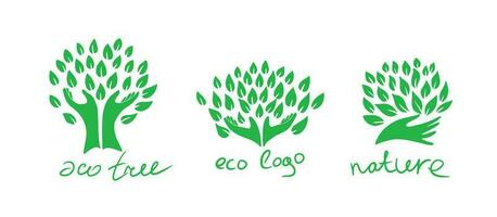 bstract tree trunk from hands with green leaves.Logo of nature and ecology.Symbol of nature protection. vector