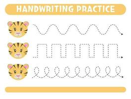 Tracing lines with cute tiger. Handwriting practice. vector